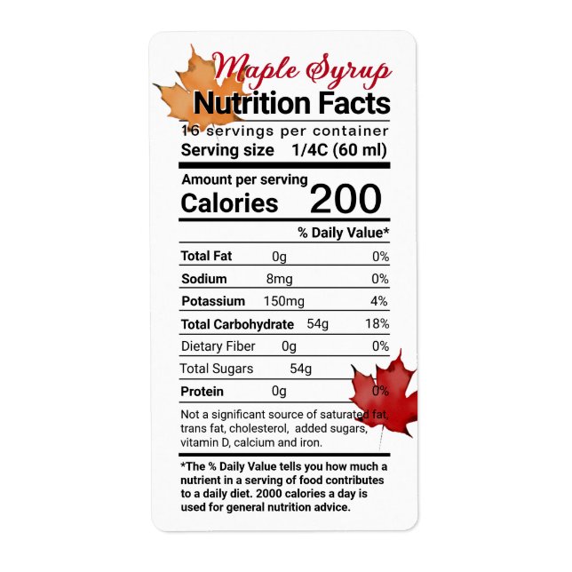 Maple Syrup Nutrition Facts with Leaves (Front)