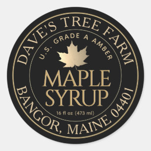 Maple Syrup on Black with Gold Maple Leaf Classic Round Sticker