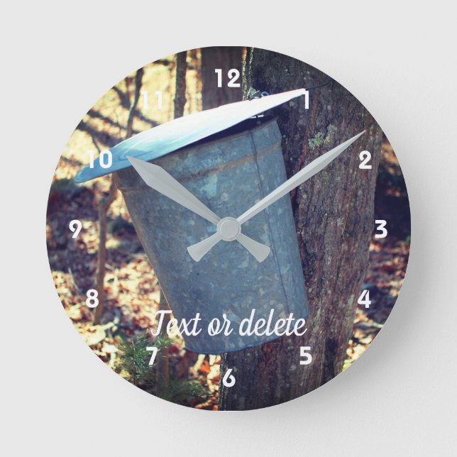 Maple Syrup Sap Bucket On Tree Personalised Round Clock (Front)