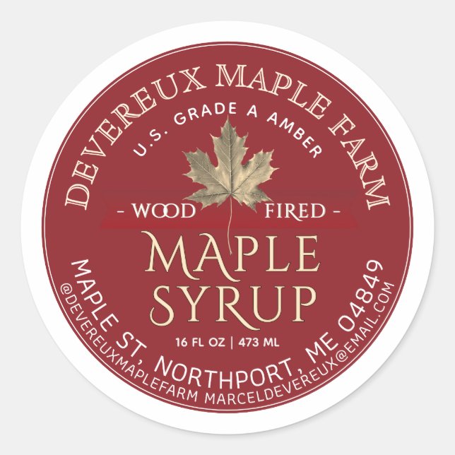 Maple Syrup Wood Fired Red Banner Gold Leaf   Classic Round Sticker (Front)