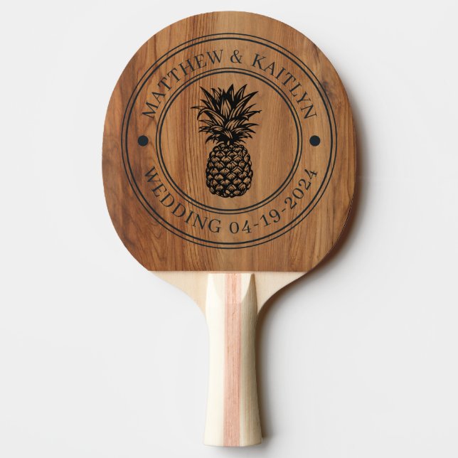 Maple Wood Pineapple Wedding Crest & Names Ping Pong Paddle (Back)