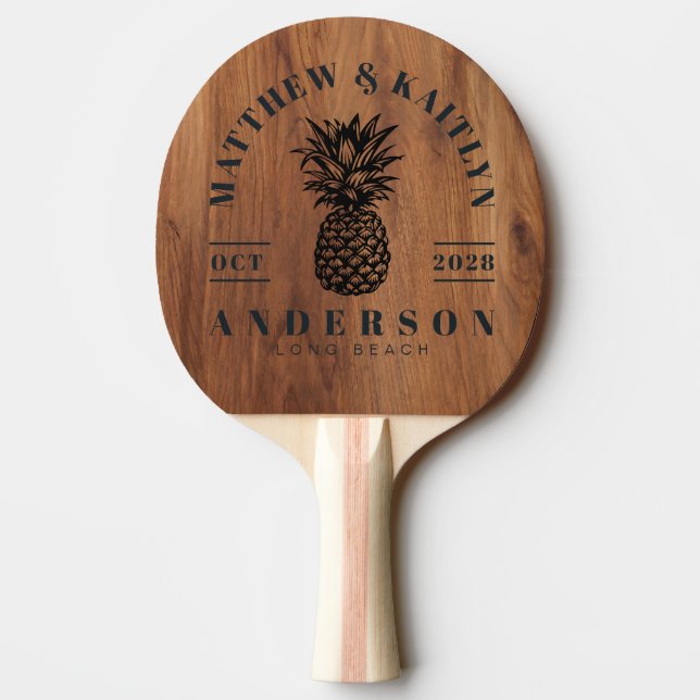 Maple Wood Tropical Pineapple Wedding Crest Ping Pong Paddle (Back)