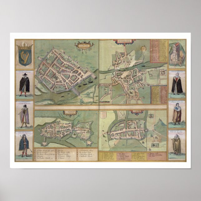 Maps of Galway, Dublin, Limerick, and Cork, from ' Poster (Front)