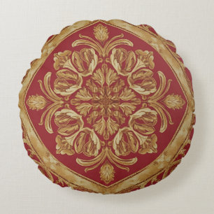 Mara Trumpet Glory Golden Red Ornate Luxury Throw  Round Cushion