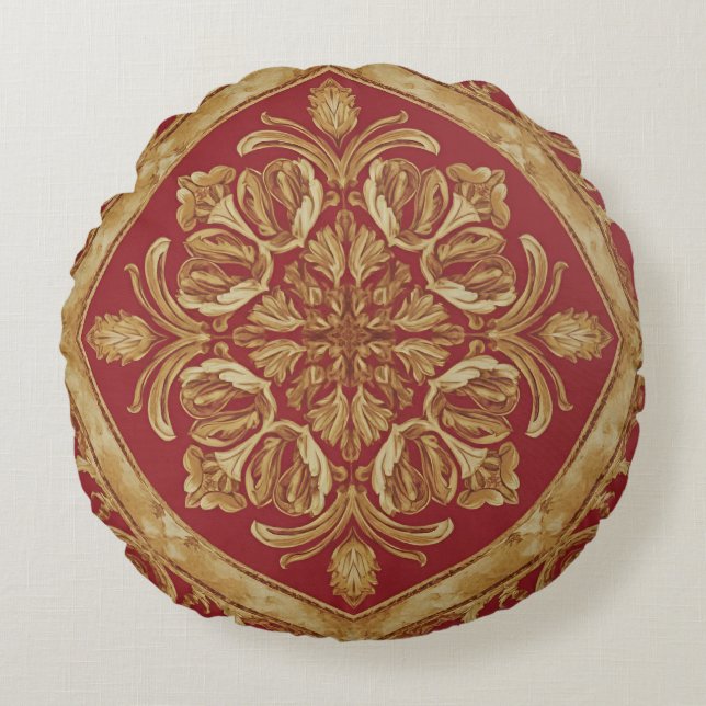 Mara Trumpet Glory Golden Red Ornate Luxury Throw  Round Cushion (Front)