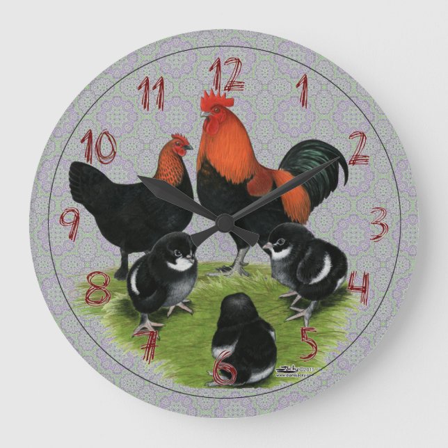Marans Black Copper Chicken Family Large Clock (Front)