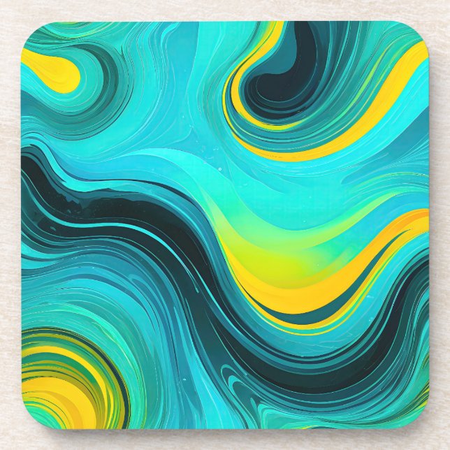 “Marbella” Blue Yellow Swirls Waves Coaster (Front)
