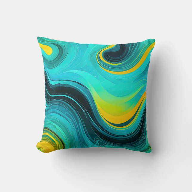“Marbella” Blue Yellow Swirls Waves Cushion (Front)