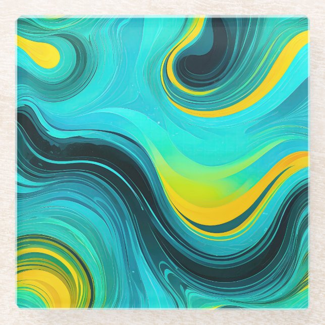 “Marbella” Blue Yellow Swirls Waves Glass Coaster (Front)