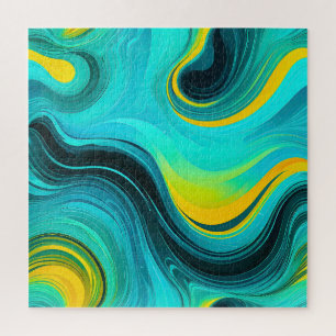 “Marbella” Blue Yellow Swirls Waves Jigsaw Puzzle