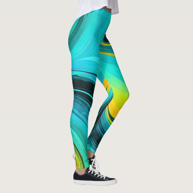 “Marbella” Blue Yellow Swirls Waves Leggings (Right)