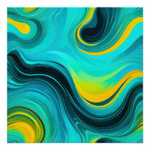 “Marbella” Blue Yellow Swirls Waves Poster