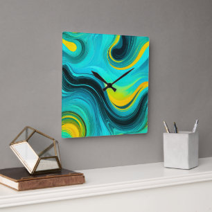“Marbella” Blue Yellow Swirls Waves Square Wall Clock