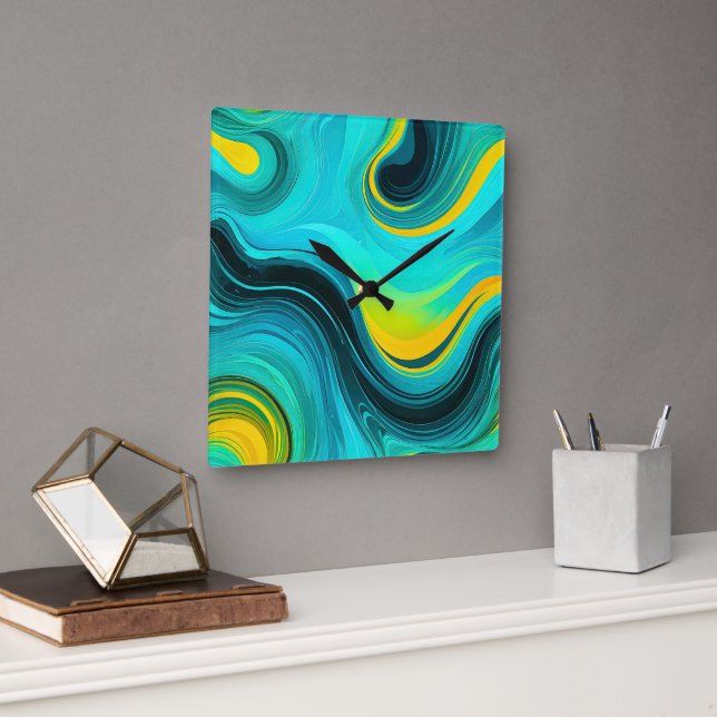 “Marbella” Blue Yellow Swirls Waves Square Wall Clock (Office)