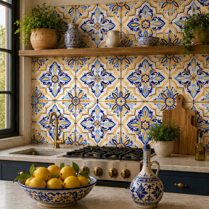 Marbella Mosaic  Coastal Blue and Gold Medallion Tile