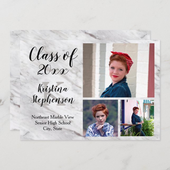 Marble 3 Photo School Graduation Announcement (Front/Back)