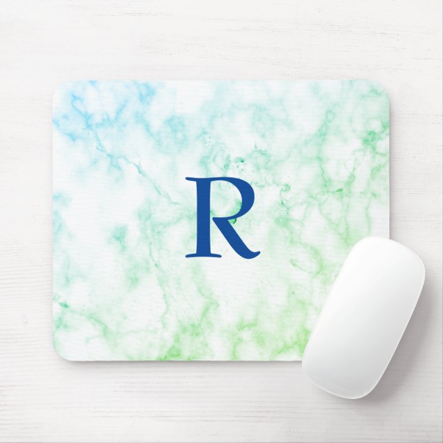 Marble Abstract Blue Green White Monogram Ombre Mouse Pad (With Mouse)