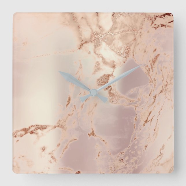 Marble Abstract Pearly Blush Pink Coral Rose Coppe Square Wall Clock (Front)