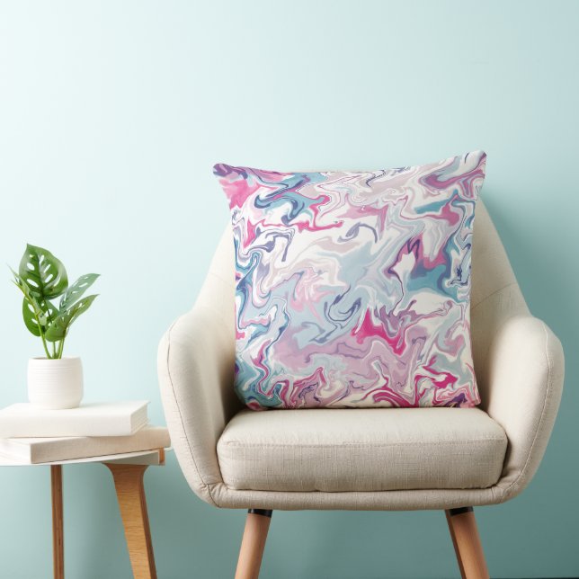 Marble Abstract Pink and Blue Throw Pillow Modern (Chair)