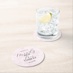 Marble Abstract Pink Wedding Script Black Round Paper Coaster