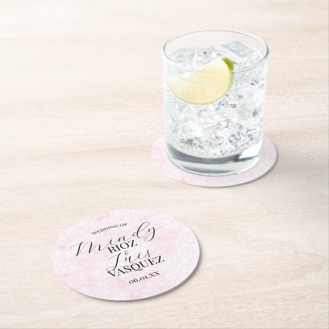 Marble Abstract Pink Wedding Script Black  Round Paper Coaster (Insitu)