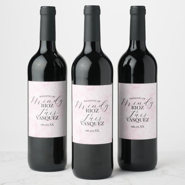 Marble Abstract Pink Wedding Script Black  Wine Label (Bottles)