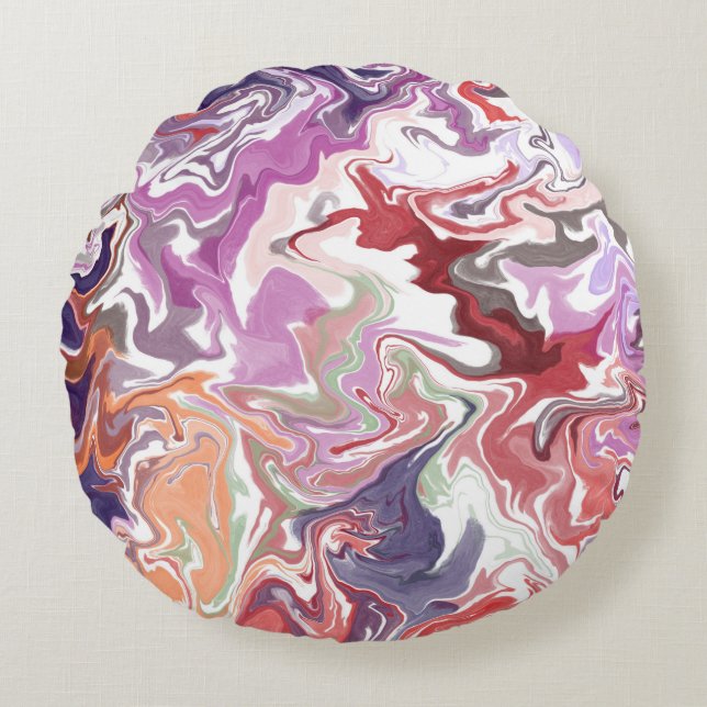 Marble Abstract Red Round Pillow – Modern Liquid  (Front)