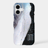 Marble Abstract Silver Blue Glitter Monogram