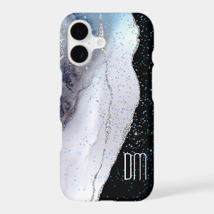 Marble Abstract Silver Blue Glitter Monogram