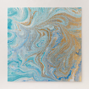 Marble acrylic background, blue with golden glitte jigsaw puzzle