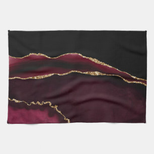 Marble Agate Chic Black Purple Gold Glitter Tea Towel