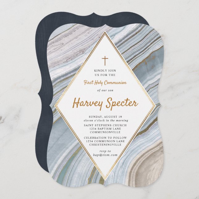 Marble Agate Gold First Holy Communion Invitation (Front/Back)