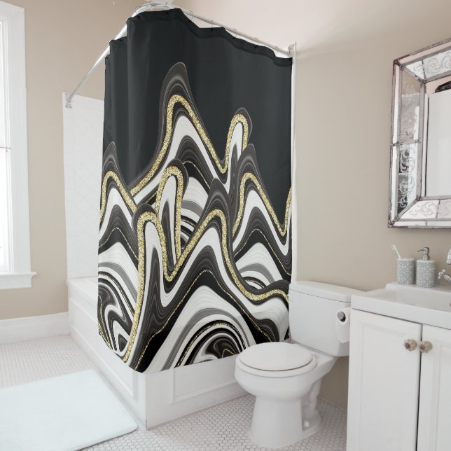  MARBLE AGATE GOLD GLITTER GLAM SHOWER CURTAIN (In Situ)