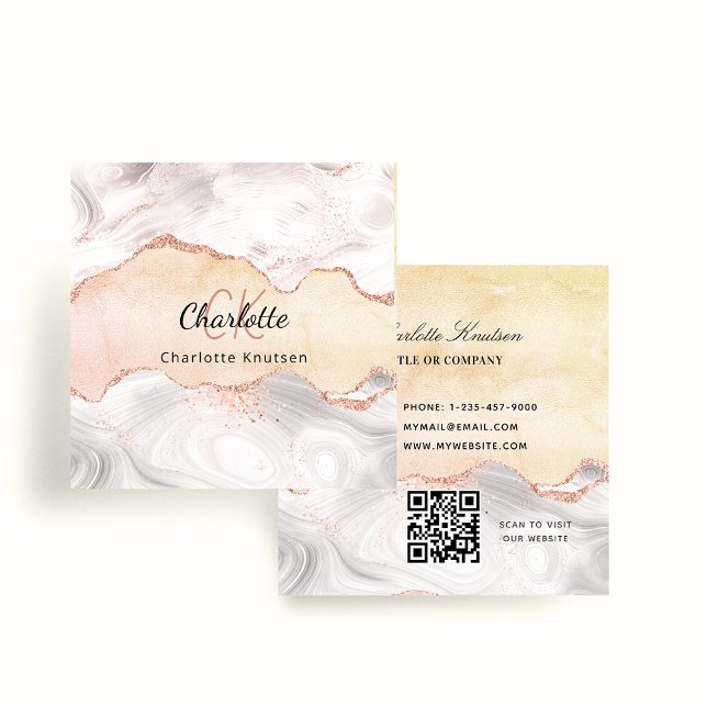 Marble agate rose gold monogram QR code Square Business Card (Creator Uploaded)