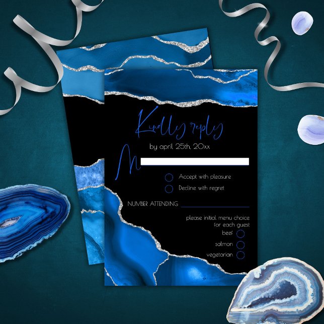 Marble Agate Royal blue Menu Choice Wedding RSVP (Creator Uploaded)