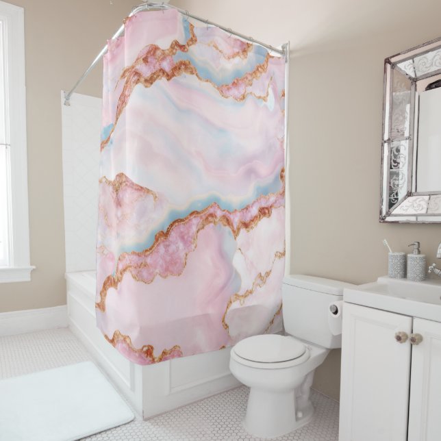Marble Agate Trendy Blue Pink Gold Collection Shower Curtain (In Situ)