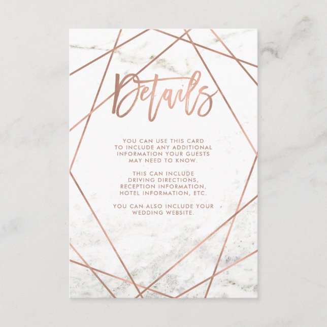 Marble and Faux Rose Gold Geometric Guest Details Enclosure Card (Front)