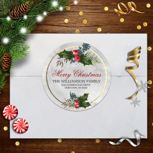 Marble and Gold Christmas Holly Family Address Classic Round Sticker