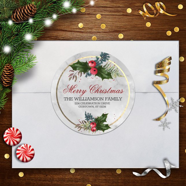 Marble and Gold Christmas Holly Family Address Classic Round Sticker (Creator Uploaded)