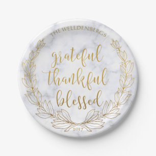 Marble and Gold Wreath Grateful Thankful Blessed Paper Plate