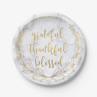 Marble and Gold Wreath Grateful Thankful Blessed Paper Plate