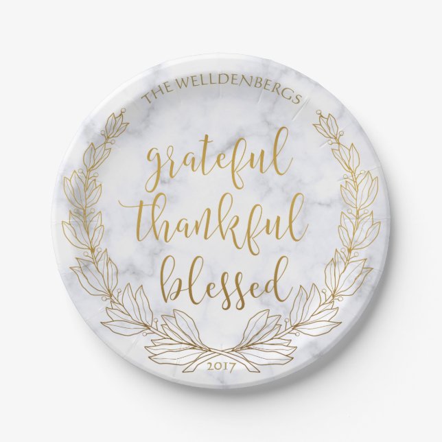 Marble and Gold Wreath Grateful Thankful Blessed Paper Plate (Front)