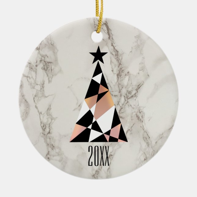 Marble and Rose Gold , Geometric Christmas Tree Ceramic Tree Decoration (Front)