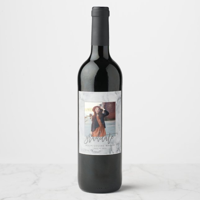 marble and rose gold graduation wine label (Front)