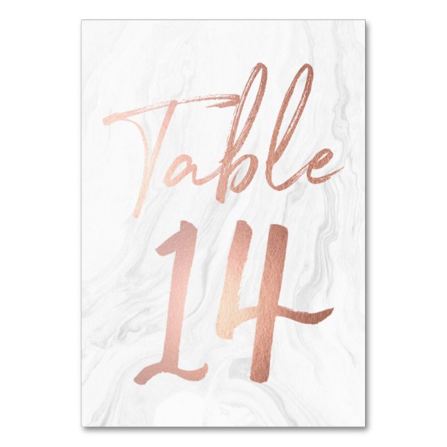 Marble and Rose Gold Script | Table Number Card 14 (Front)