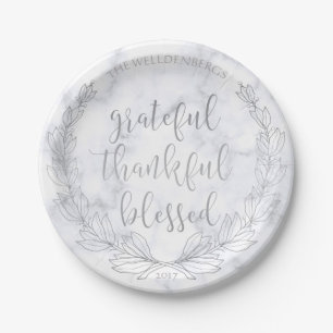 Marble and Silver Wreath Grateful Thankful Blessed Paper Plate