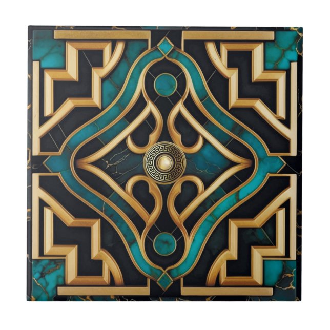 Marble Art Deco Greek Sea Green Gold Mandala  Tile (Front)