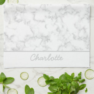 Marble background grey on white personalised name tea towel