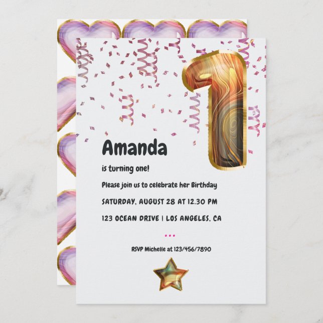 Marble Balloon 1st Birthday Invitation (Front/Back)