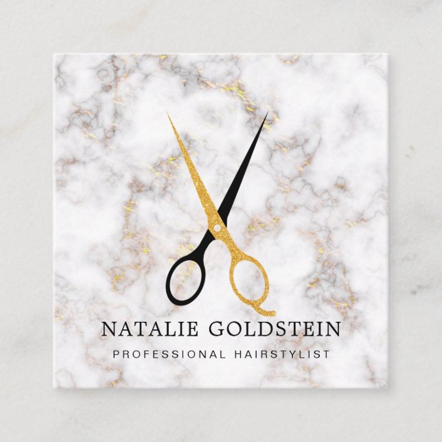 Marble Black and Gold Scissors Hairstylist Square Business Card (Front)